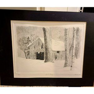 Vintage Winter Antique Barn Snow Trees Drawing. Signed Karlsen 1982 "Quiet Day"